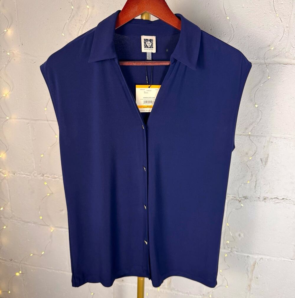 anne klein womens S navy blue sleeveless collared button front blouse NWT